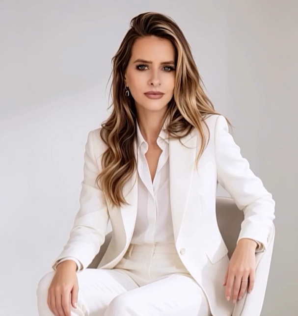 Dra. Elaine Cortellini sentada, em terno branco alfaiatado